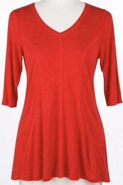 Soft Surroundings Red V-Neck Tunic Top XS 3/4 Sleeve Stretch Knit Princess Seams